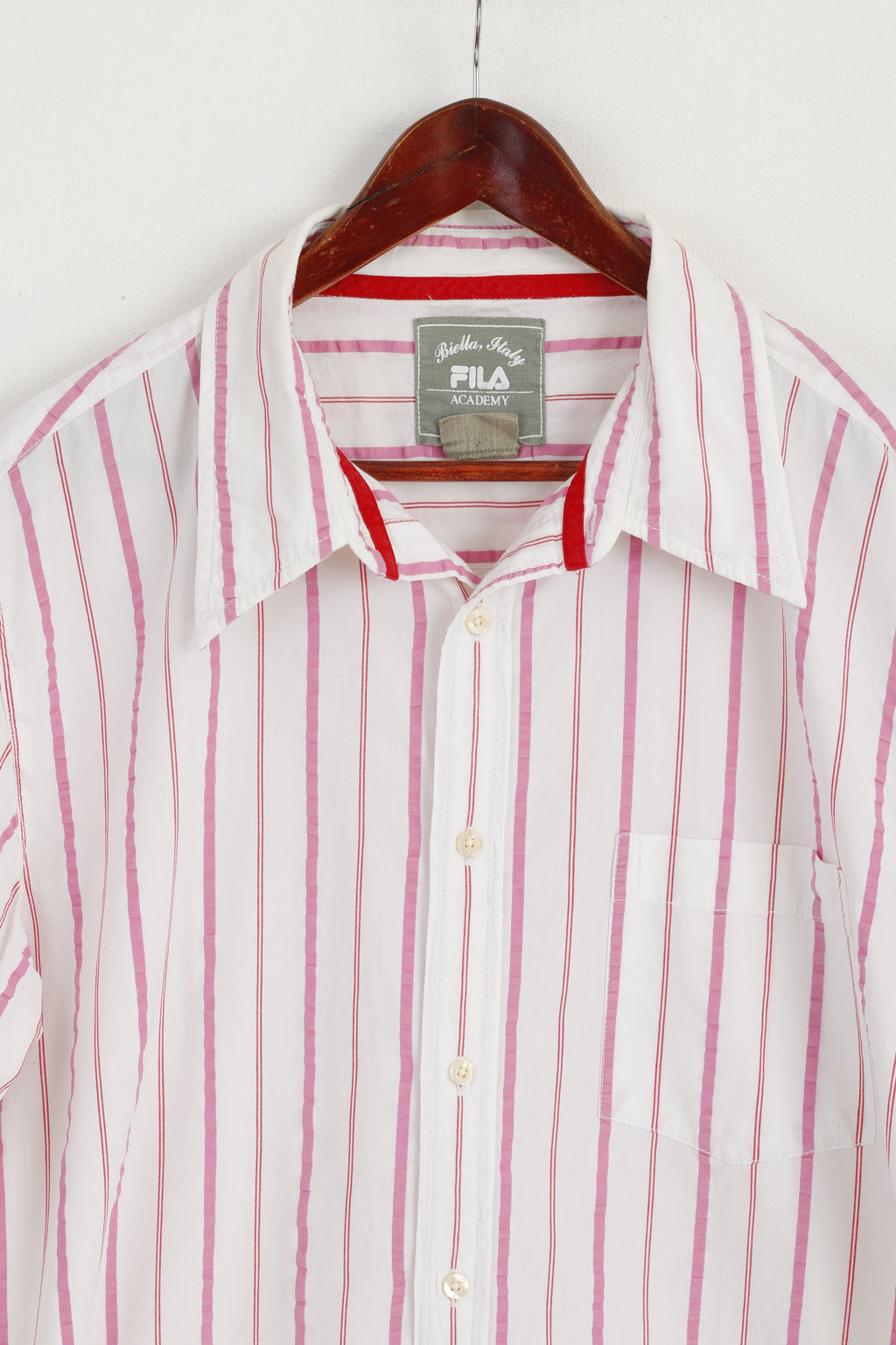 Fila Academy Men XL Casual Shirt White Pink Striped Biella Italy Cotton Top