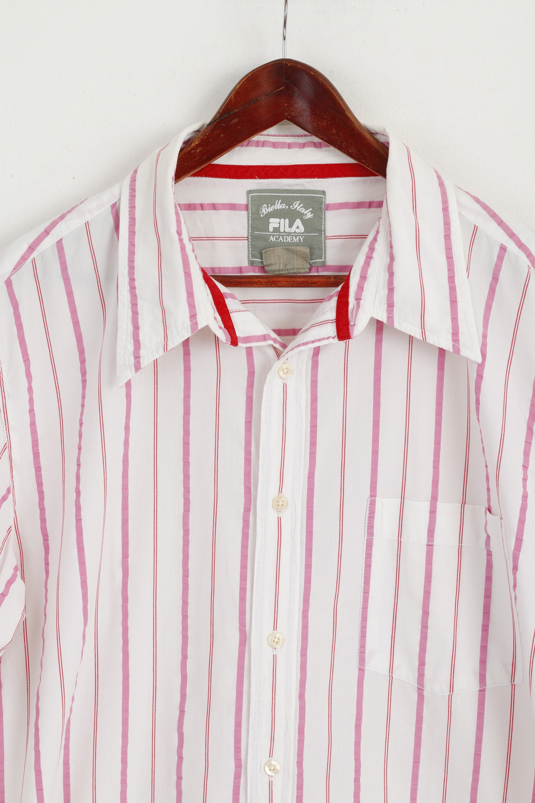 Fila Academy Men XL Casual Shirt White Pink Striped Biella Italy Cotton Top