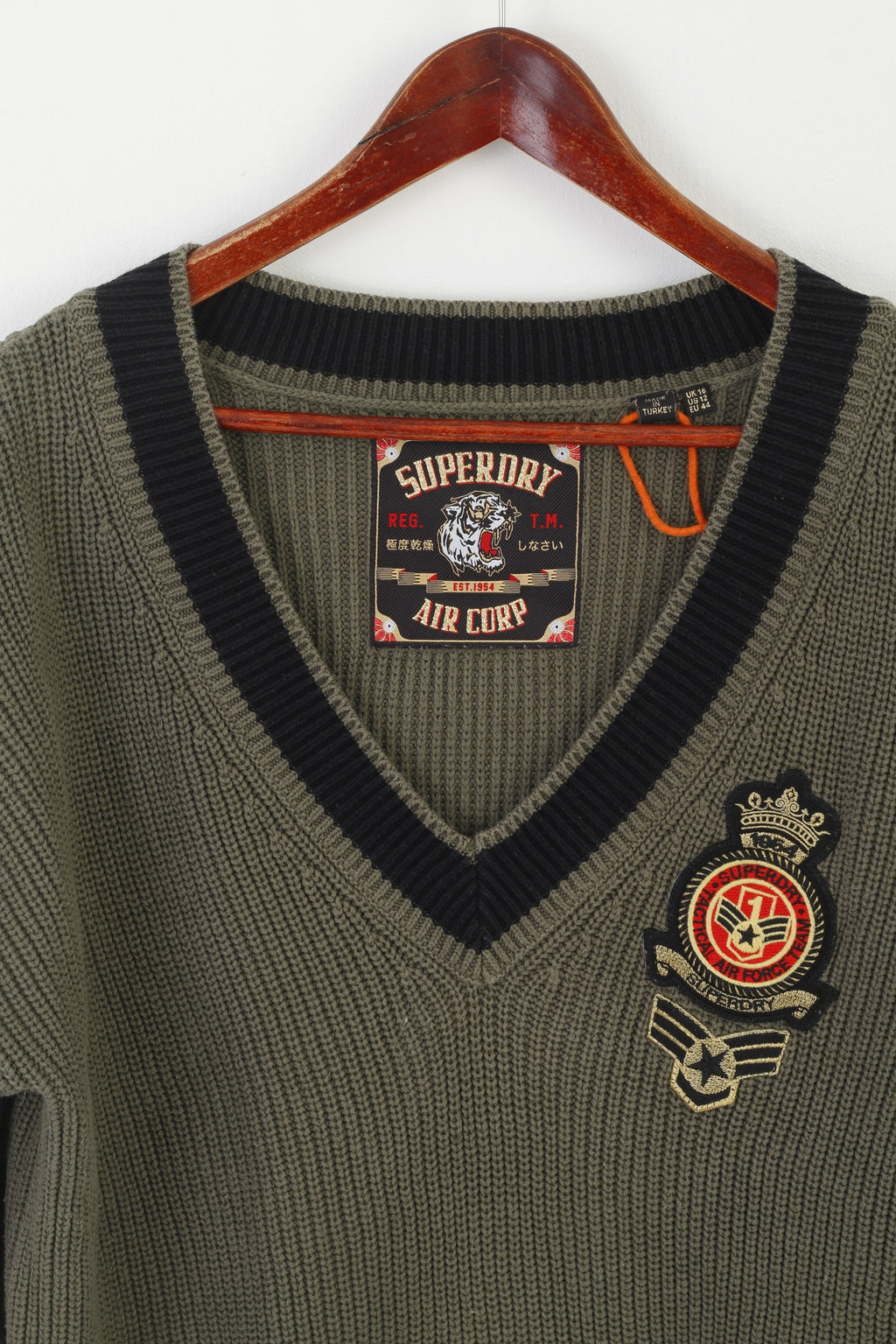 Superdry Air Corp Women 16 XL Jumper Green V Neck Cotton Air Force Embroidered Sweater