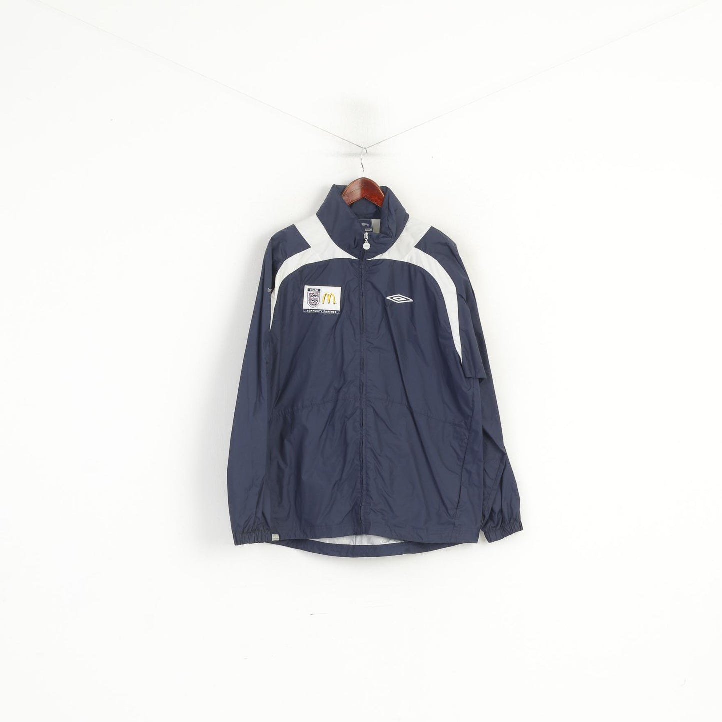 Umbro Men L Jacket Navy Nylon Sportswear England FA Hidden Hood Vintage Top