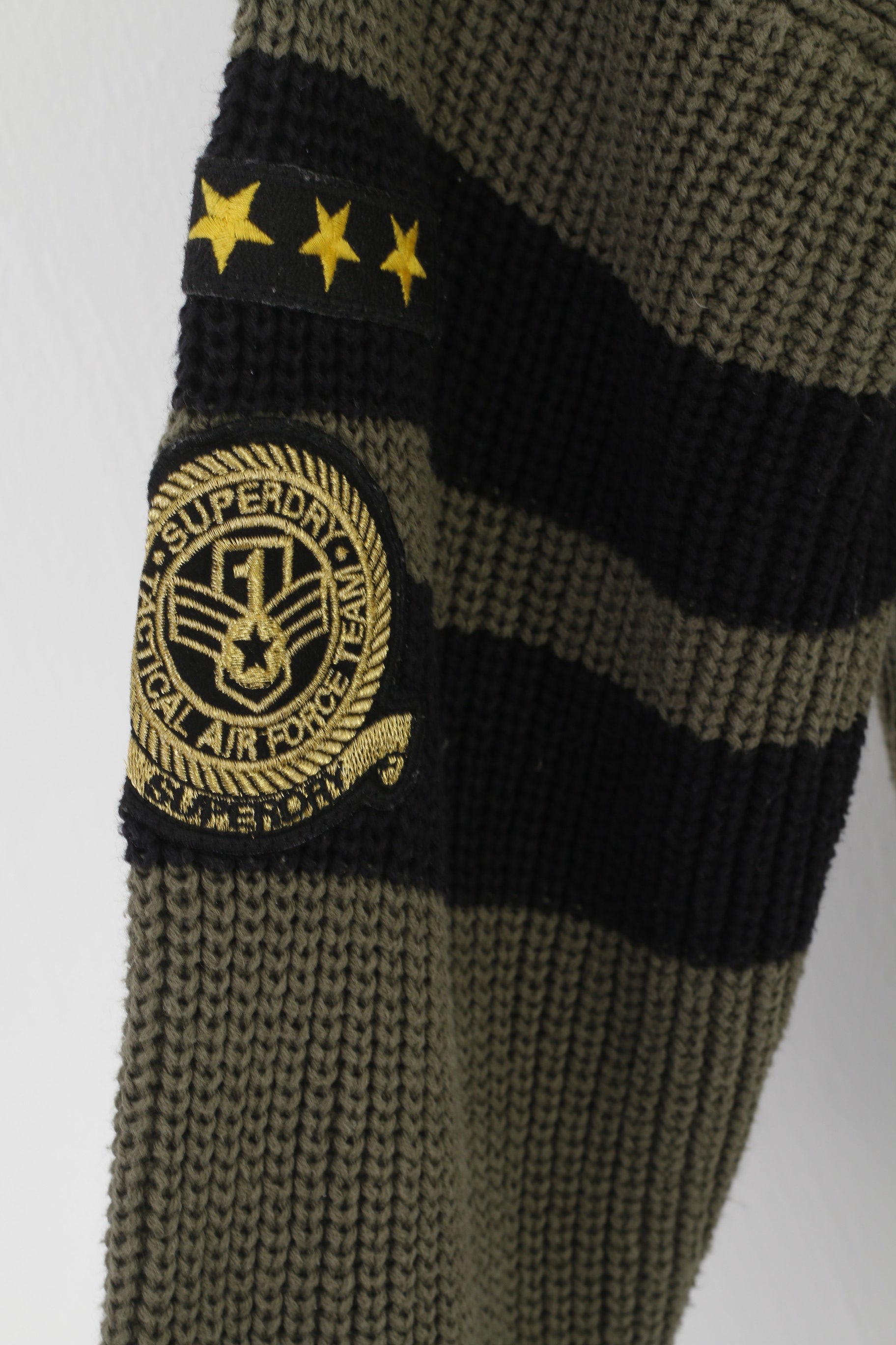 Superdry Air Corp Women 16 XL Jumper Green V Neck Cotton Air Force Embroidered Sweater