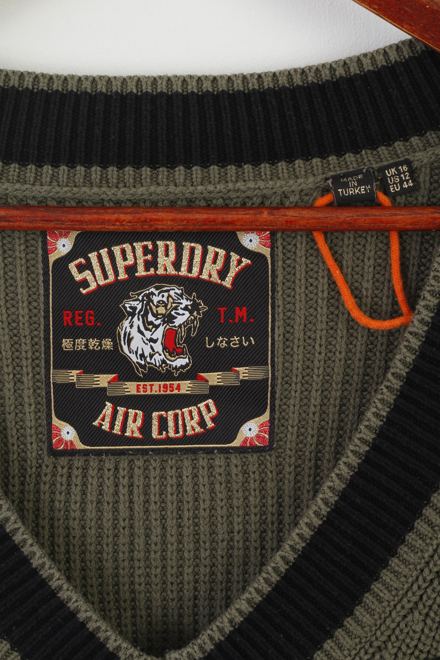 Superdry Air Corp Women 16 XL Jumper Green V Neck Cotton Air Force Embroidered Sweater