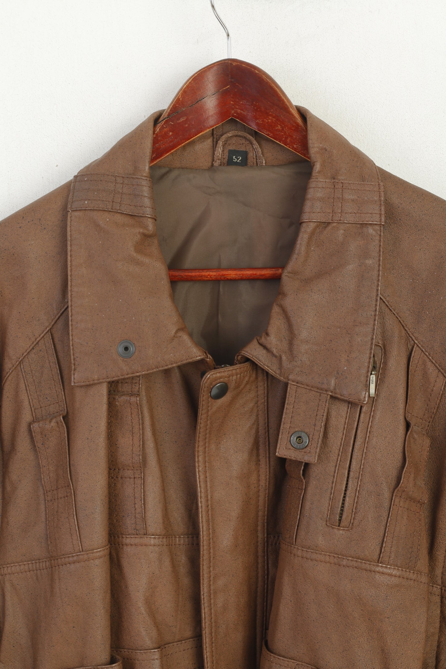 C&A Men 52 L Bomber Jacket Brown Leather Vintage Removable Sleeve Biker Top