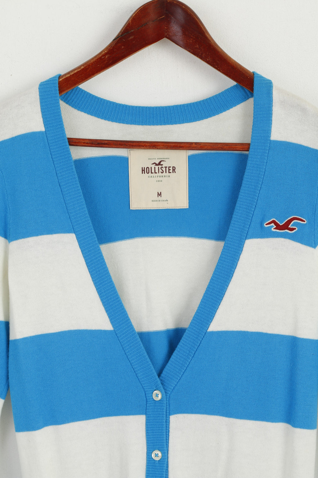 Hollister Femmes M Pull Turquoise Rayé Col V Bouton Avant Cardigan