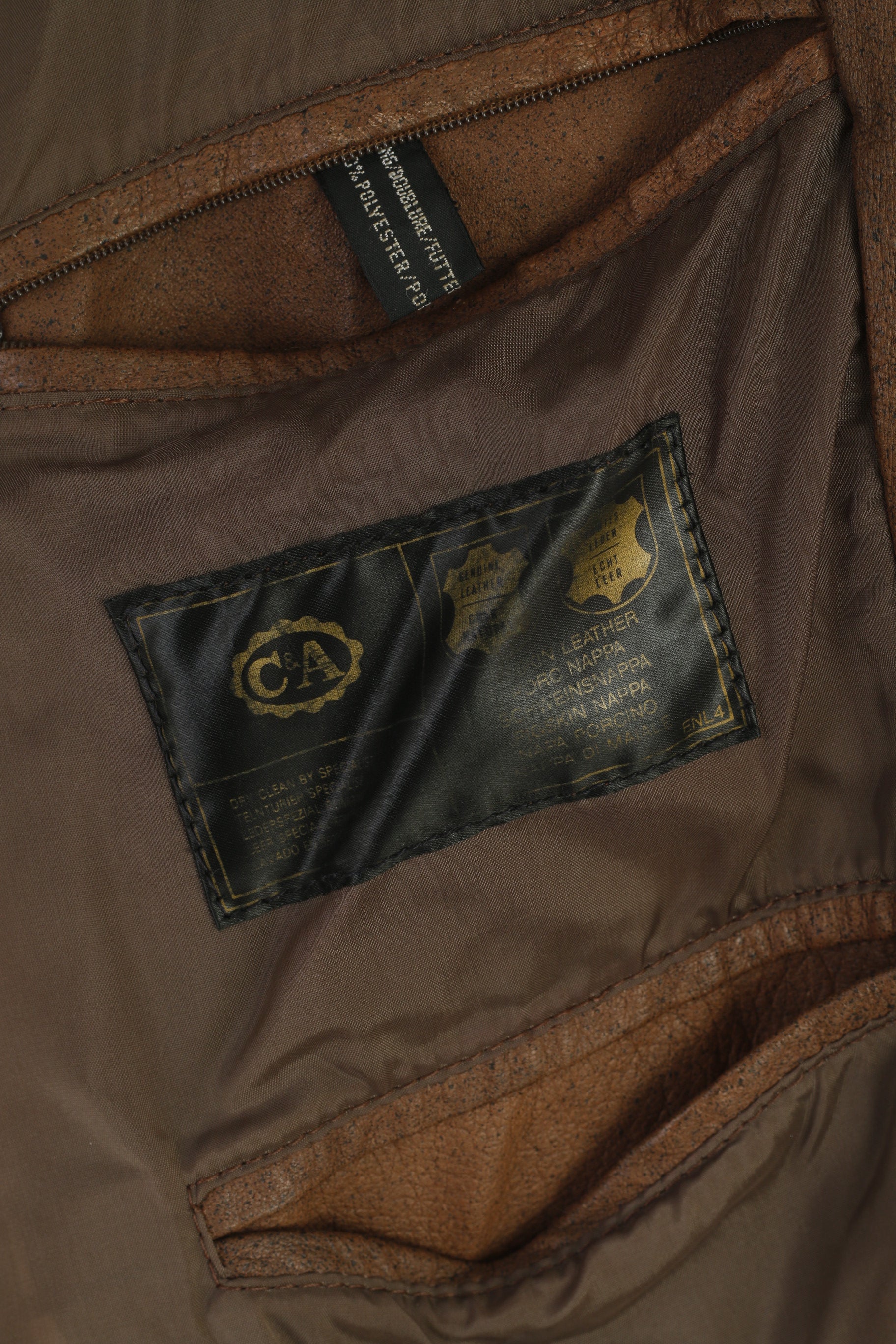 C&A Men 52 L Bomber Jacket Brown Leather Vintage Removable Sleeve Biker Top