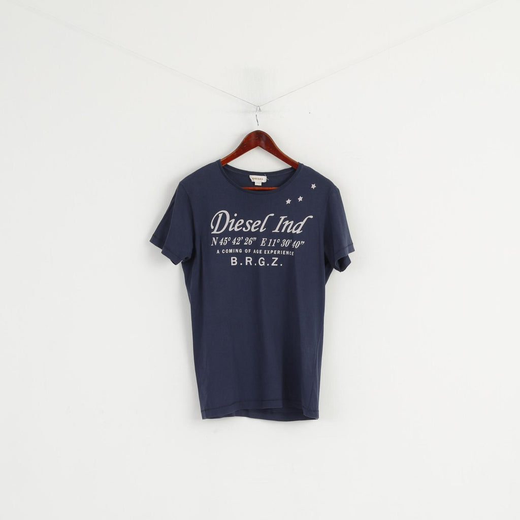 Diesel Ind Womens L T-Shirt Crew Neck Graphic Navy Cotton Top