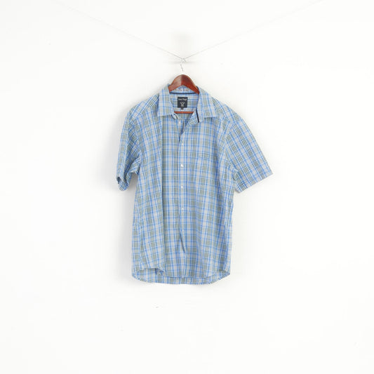 James Pringle Men XL Casual Shirt Blue Check Cotton Blue Short Sleeve Pocket Top