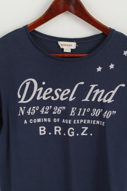 Diesel Ind Womens L T-Shirt Crew Neck Graphic Navy Cotton Top