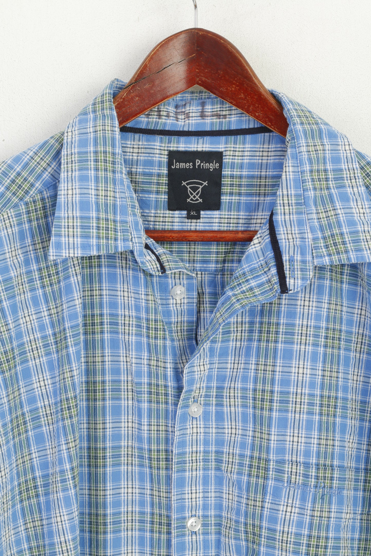 James Pringle Men XL Casual Shirt Blue Check Cotton Blue Short Sleeve Pocket Top