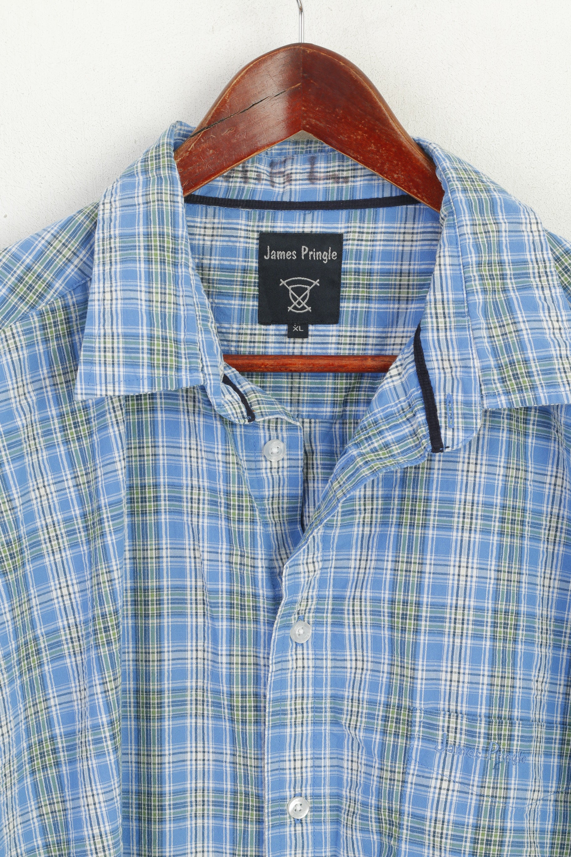 James Pringle Men XL Casual Shirt Blue Check Cotton Blue Short Sleeve Pocket Top