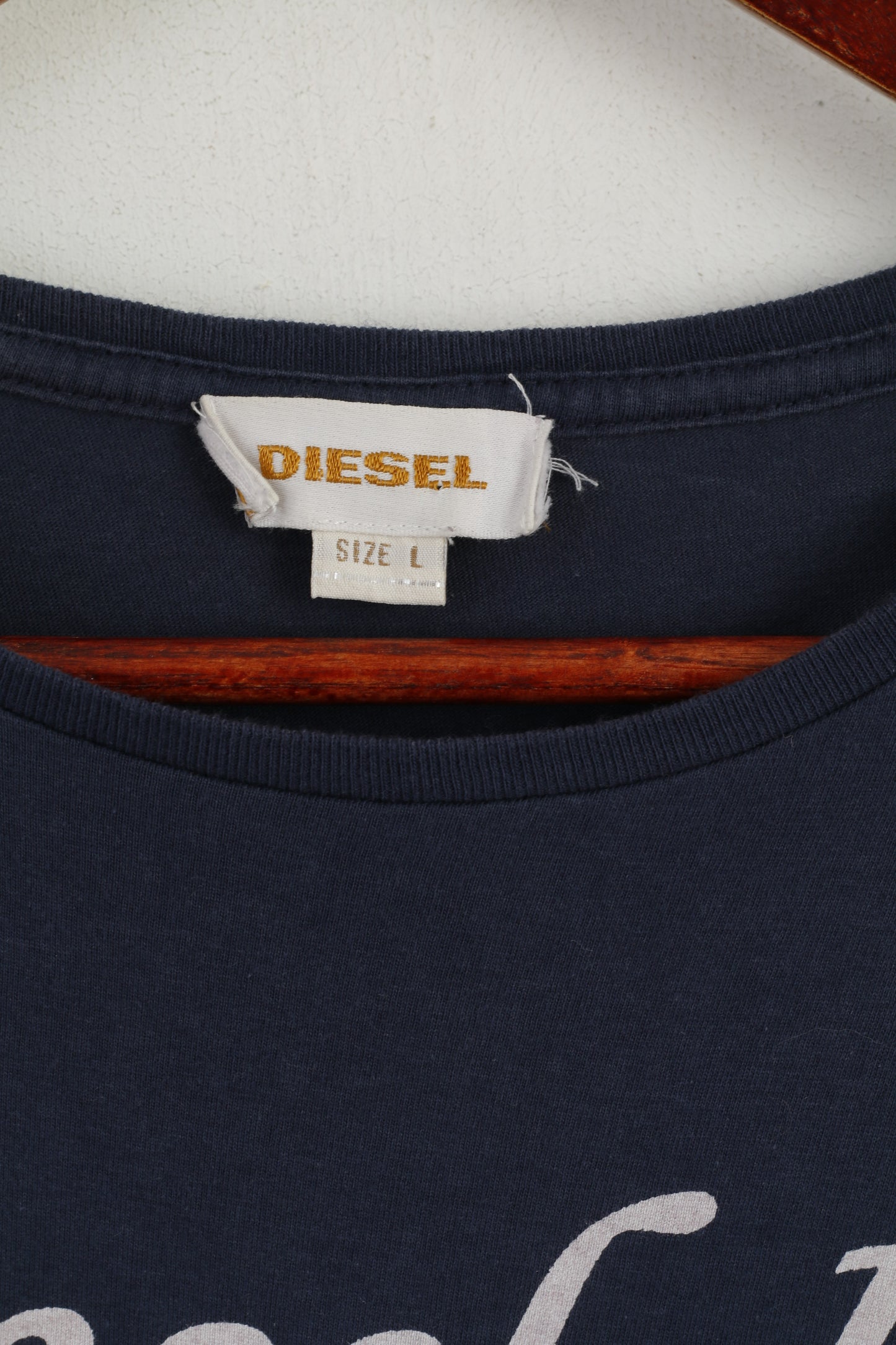 Diesel Ind Womens L T-Shirt Crew Neck Graphic Navy Cotton Top