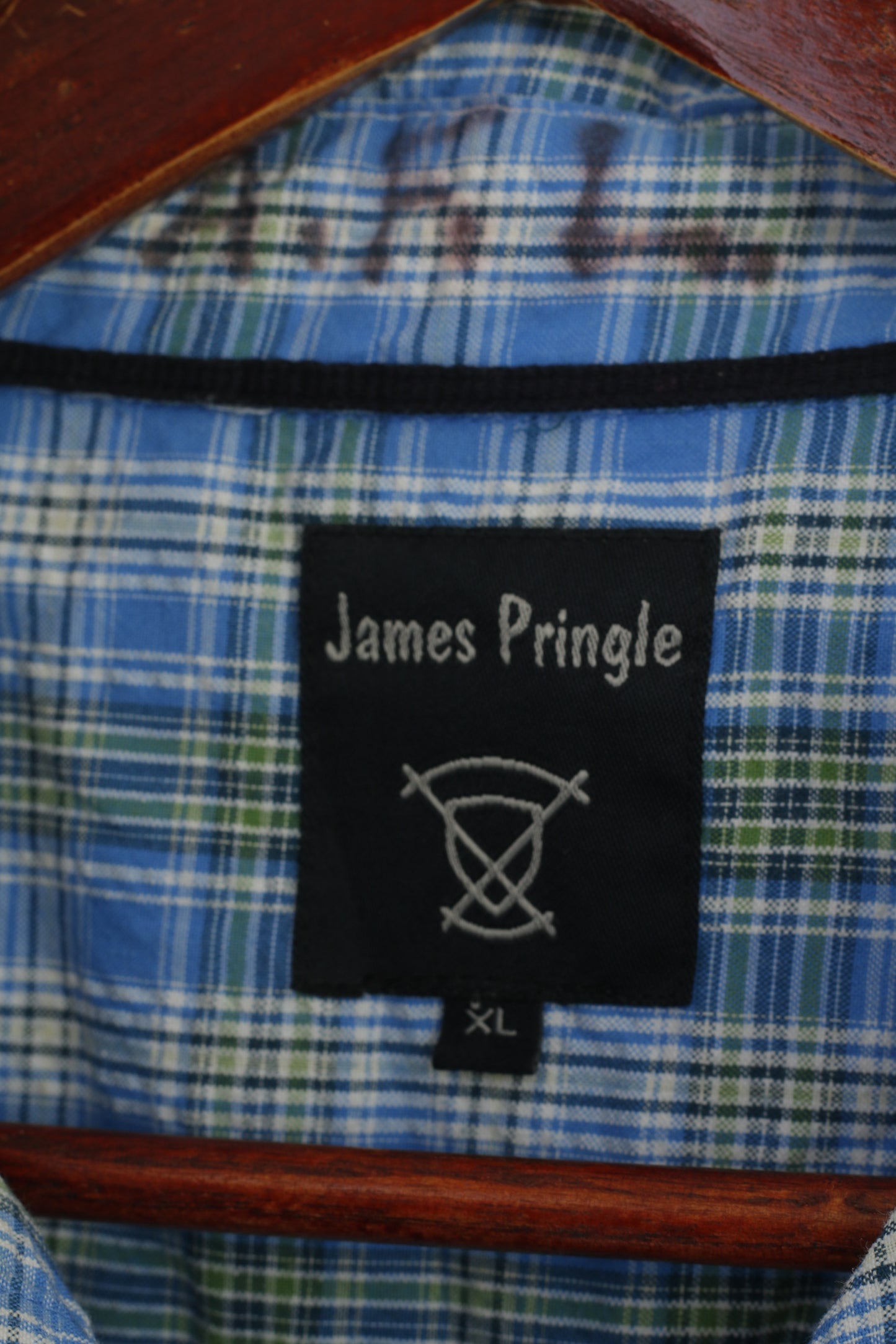 James Pringle Men XL Casual Shirt Blue Check Cotton Blue Short Sleeve Pocket Top