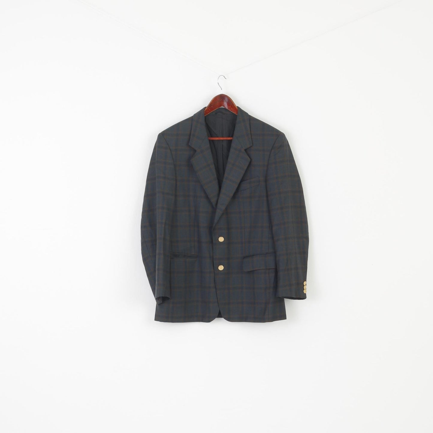 Ritex Men 40 Blazer Green Tartan Vintage Wool Carlin Cannes Gold Buttoned Jacket