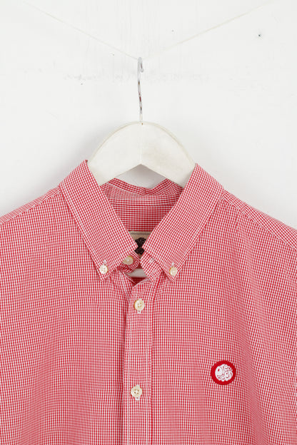 Pretty Green Men S Casual Shirt Red Check Cotton Detailed Buttons Long Sleeve Top