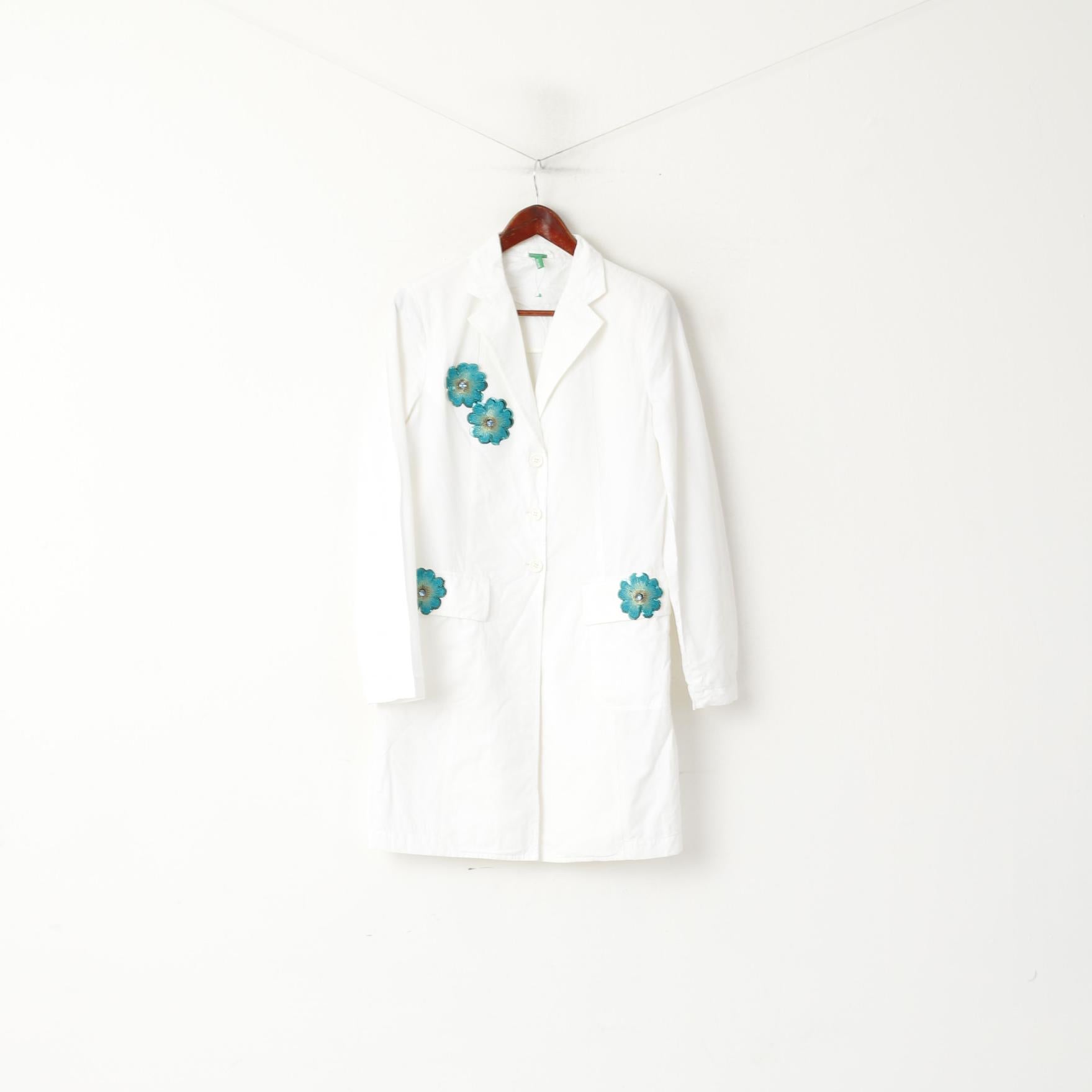 Benetton Femme 46 M Manteau Blanc Coton Fleurs Brodées Coton Élégant