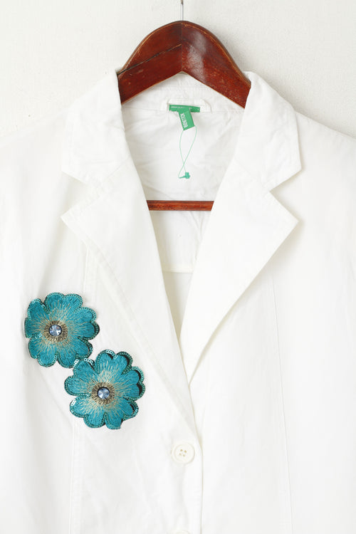 Benetton Femme 46 M Manteau Blanc Coton Fleurs Brodées Coton Élégant