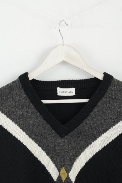 Essentials Men M Jumper Black Wool Blend Vintage V Neck Golf Graphic Sweater