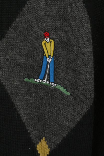 Essentials Men M Jumper Noir Laine Mélangée Vintage Col V Golf Graphique Pull