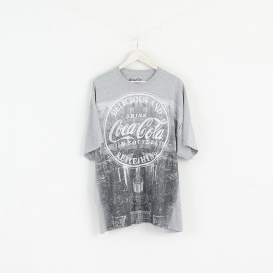 T-shirt XXL da uomo Coca Cola Top girocollo basic con grafica in cotone grigio