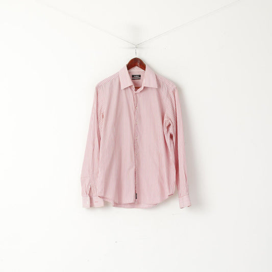 Strellson Men 41 16 M Casual Shirt Pink Striped Cotton Slim Fit Long Sleeve Top