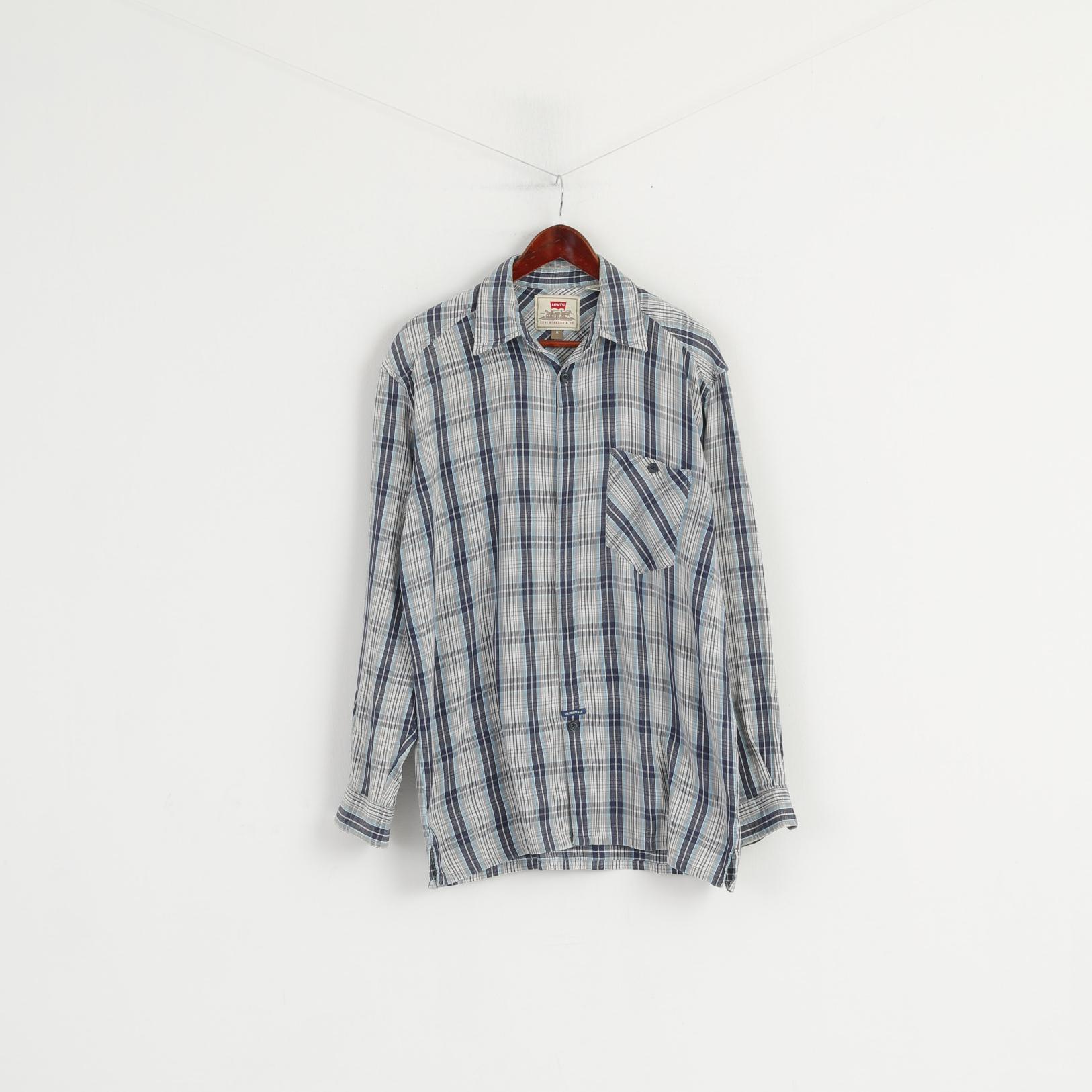 Levi's Men M (L) Casual Shirt Blue Check 100% Cotton Pocket Long Sleeve Top