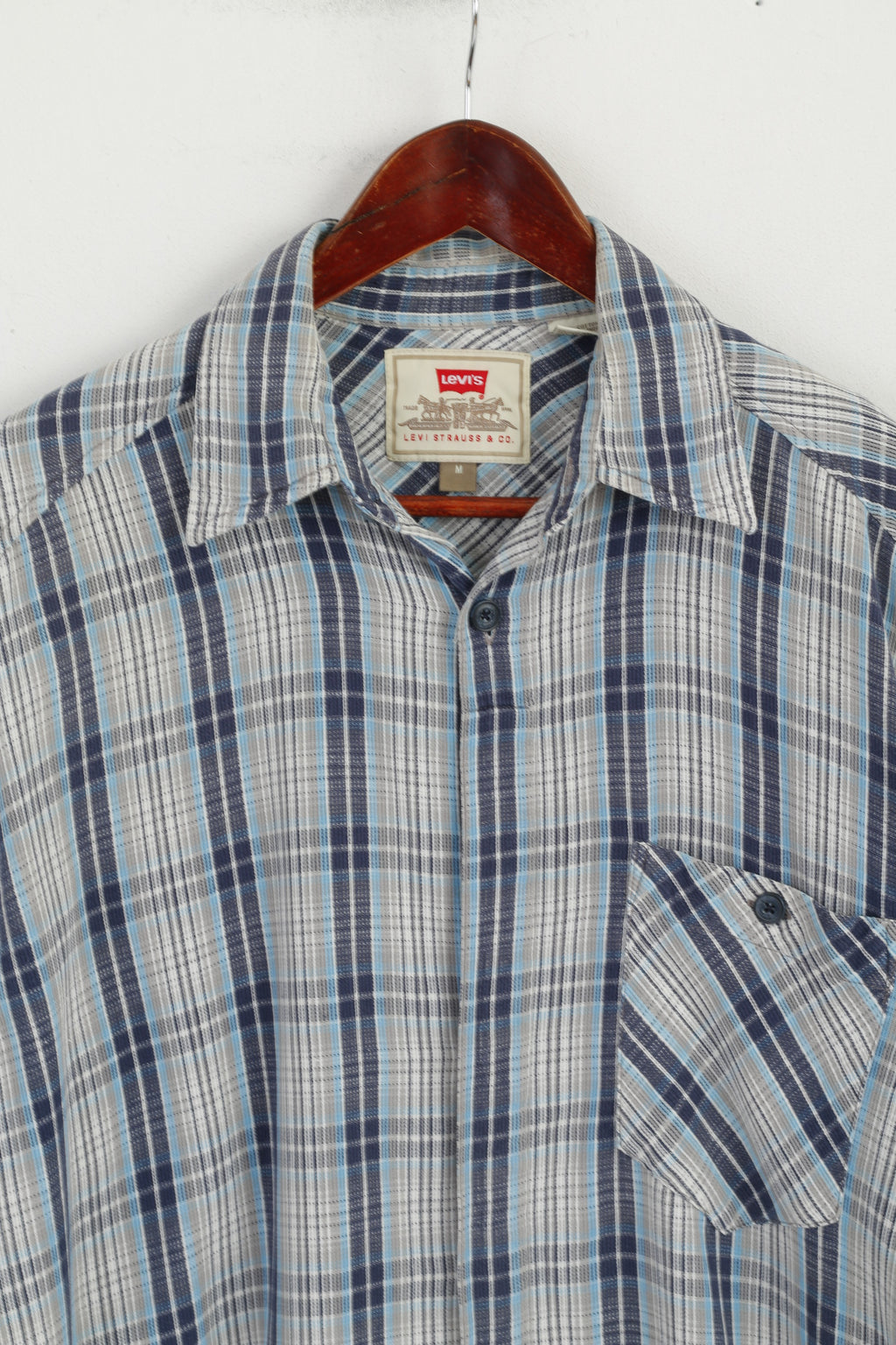Levi's Men M (L) Casual Shirt Blue Check 100% Cotton Pocket Long Sleeve Top