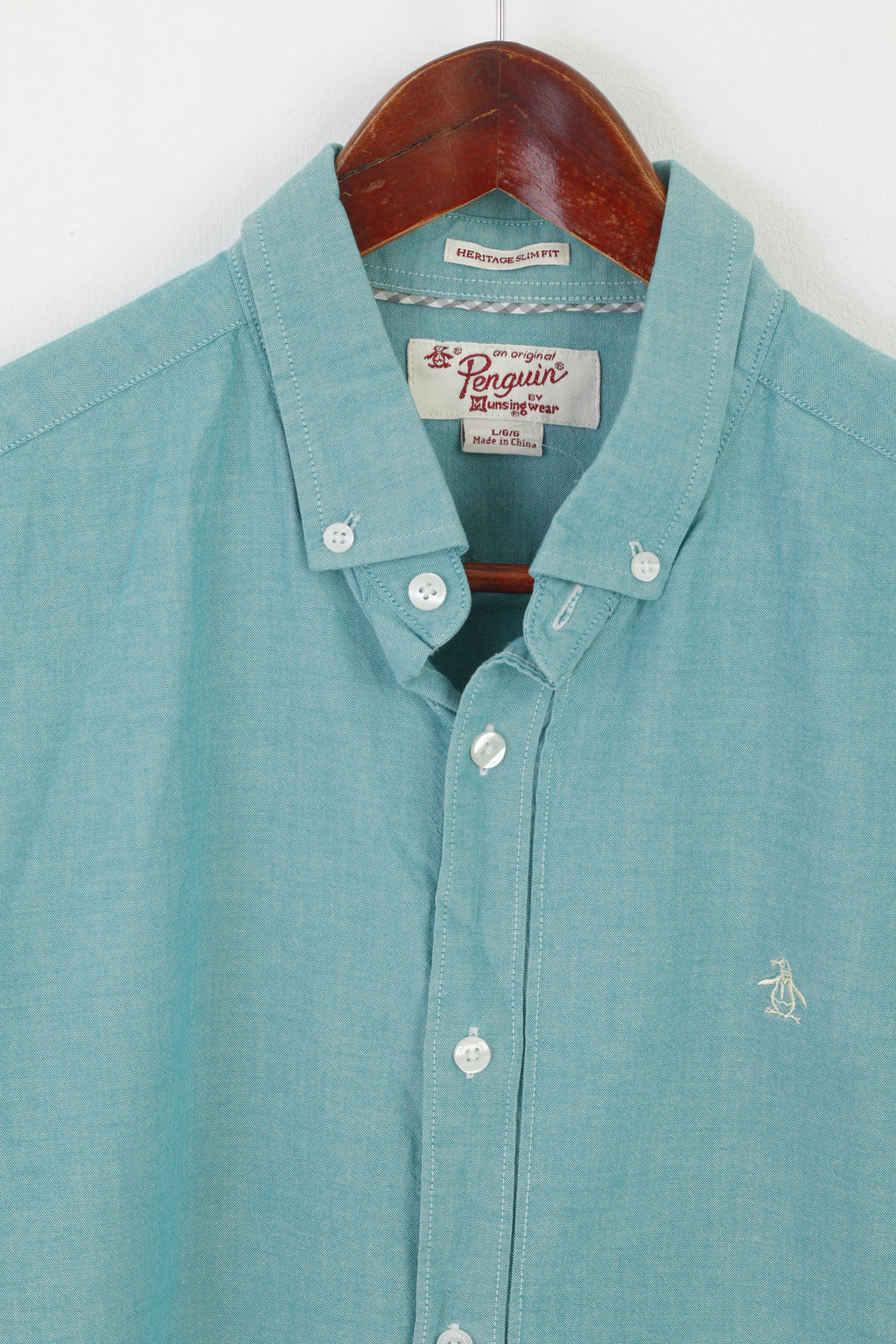 Penguin Men L Casual Shirt Turquoise Cotton Slim Fit Button Down Collar  Long Sleeve Top