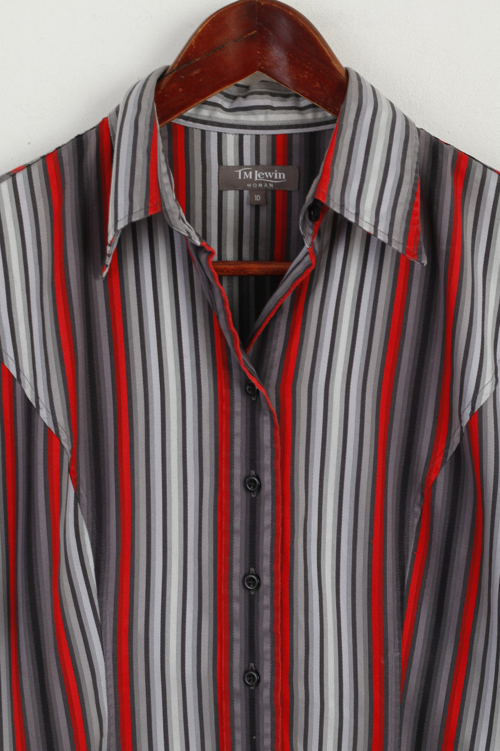 TM Lewin Women 10 S Casual Shirt Grey Red Striped Cotton Long Sleeve Fitted Top