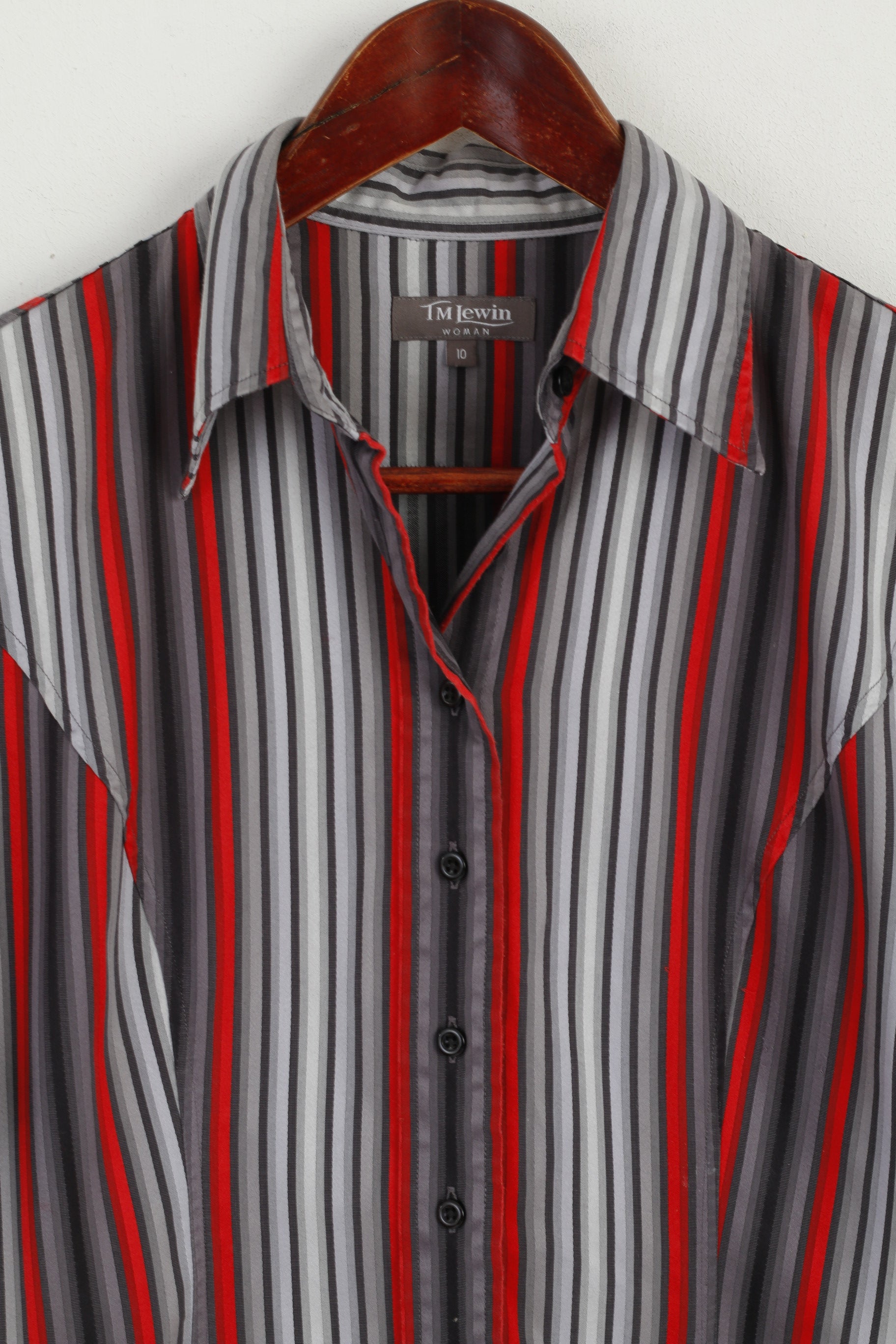 TM Lewin Women 10 S Casual Shirt Grey Red Striped Cotton Long Sleeve Fitted Top