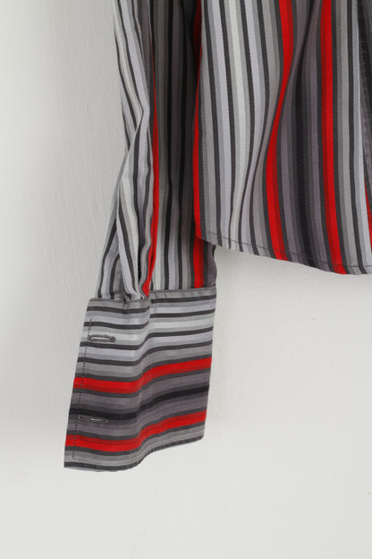 TM Lewin Camicia casual da donna 10 S Top aderente a maniche lunghe in cotone a righe rosse grigie