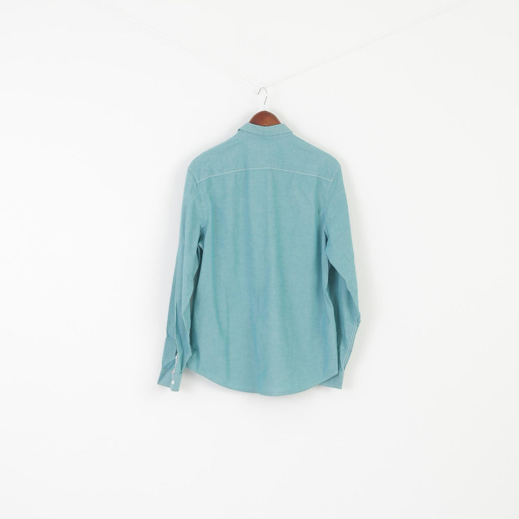 Penguin Men L Casual Shirt Turquoise Cotton Slim Fit Button Down Collar  Long Sleeve Top