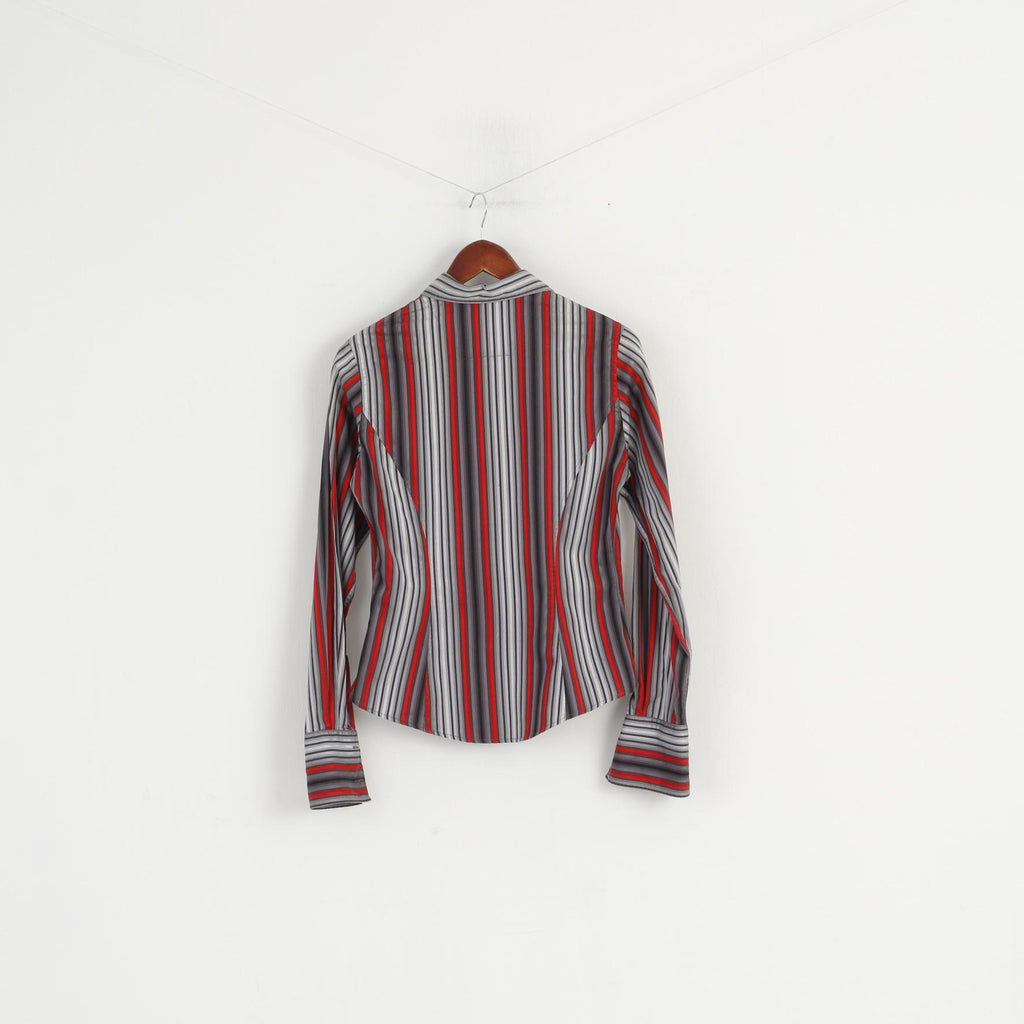 TM Lewin Women 10 S Casual Shirt Grey Red Striped Cotton Long Sleeve Fitted Top