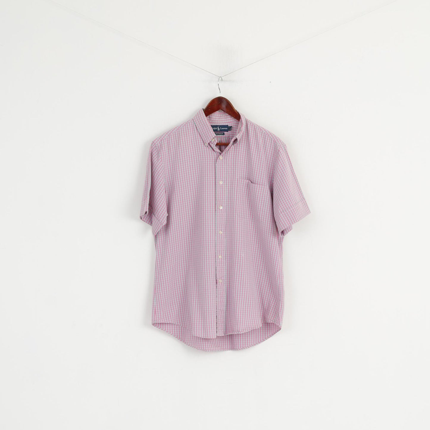 Ralph Lauren Men 16 L Casual Shirt Pink Check Button Down Collar Short Sleeve Top