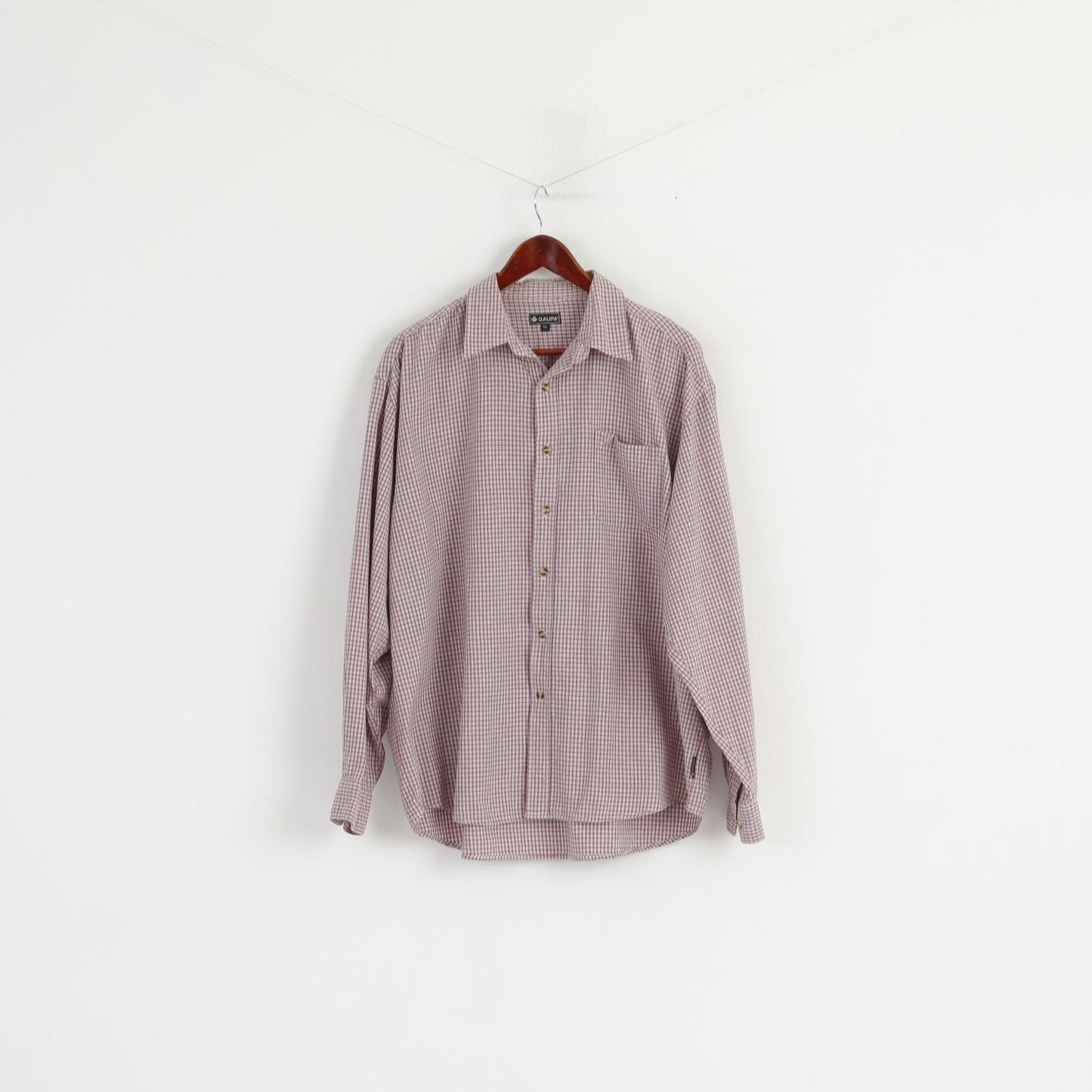 GAUPA Men XL Casual Shirt Red Check Cotton Outdoor Pocket Long Sleeve Top