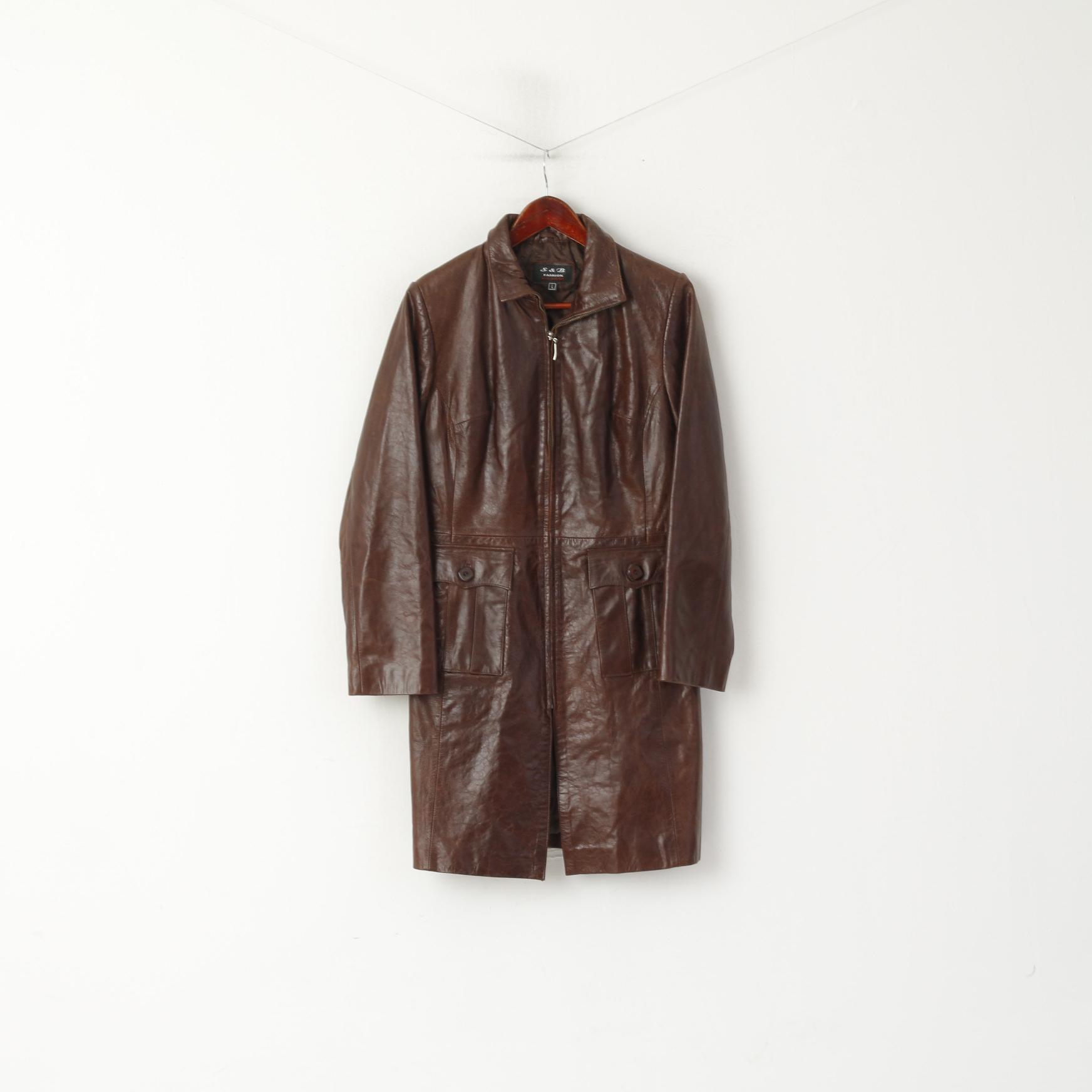 S&amp;B Fashion Donna L (M) Giacca in pelle Marrone Cerniera intera Vestibilità lunga Top classico