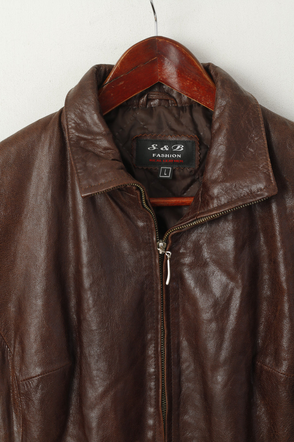 S&amp;B Fashion Donna L (M) Giacca in pelle Marrone Cerniera intera Vestibilità lunga Top classico