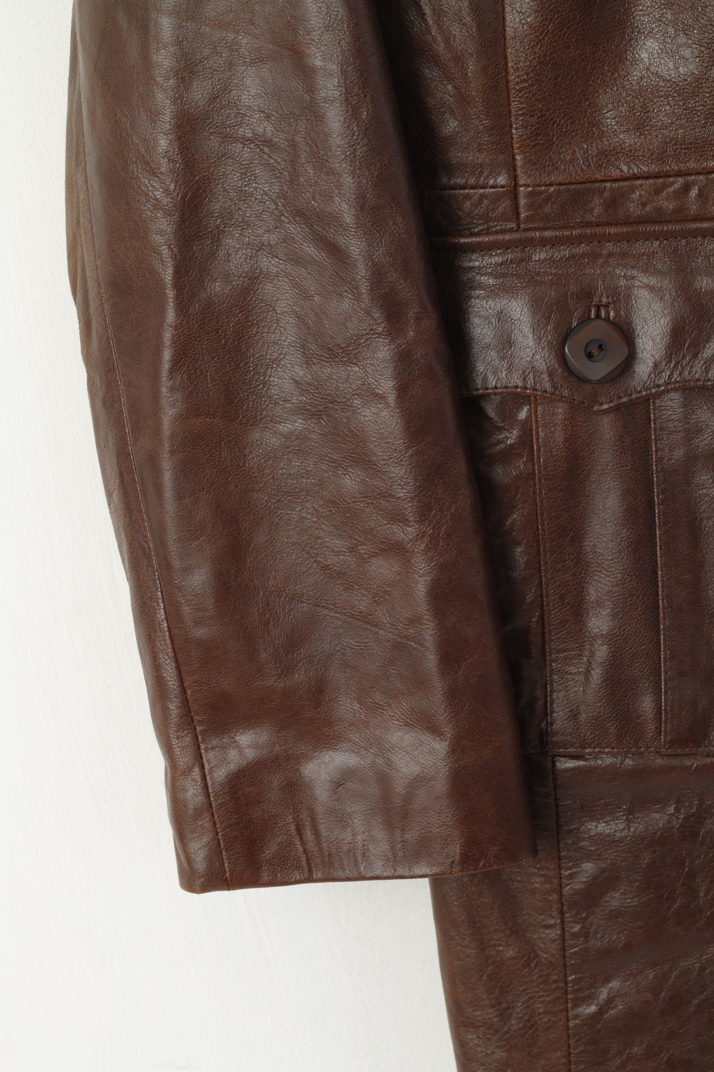 S&B Fashion Women L (M) Leather Jacket Brown Full Zipper Long Fit Classic Top