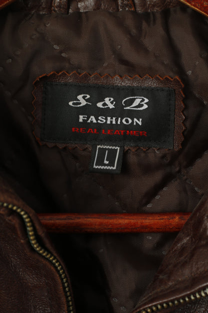 S&amp;B Fashion Veste en cuir marron pour femme L (M) avec fermeture éclair complète, coupe longue, haut classique