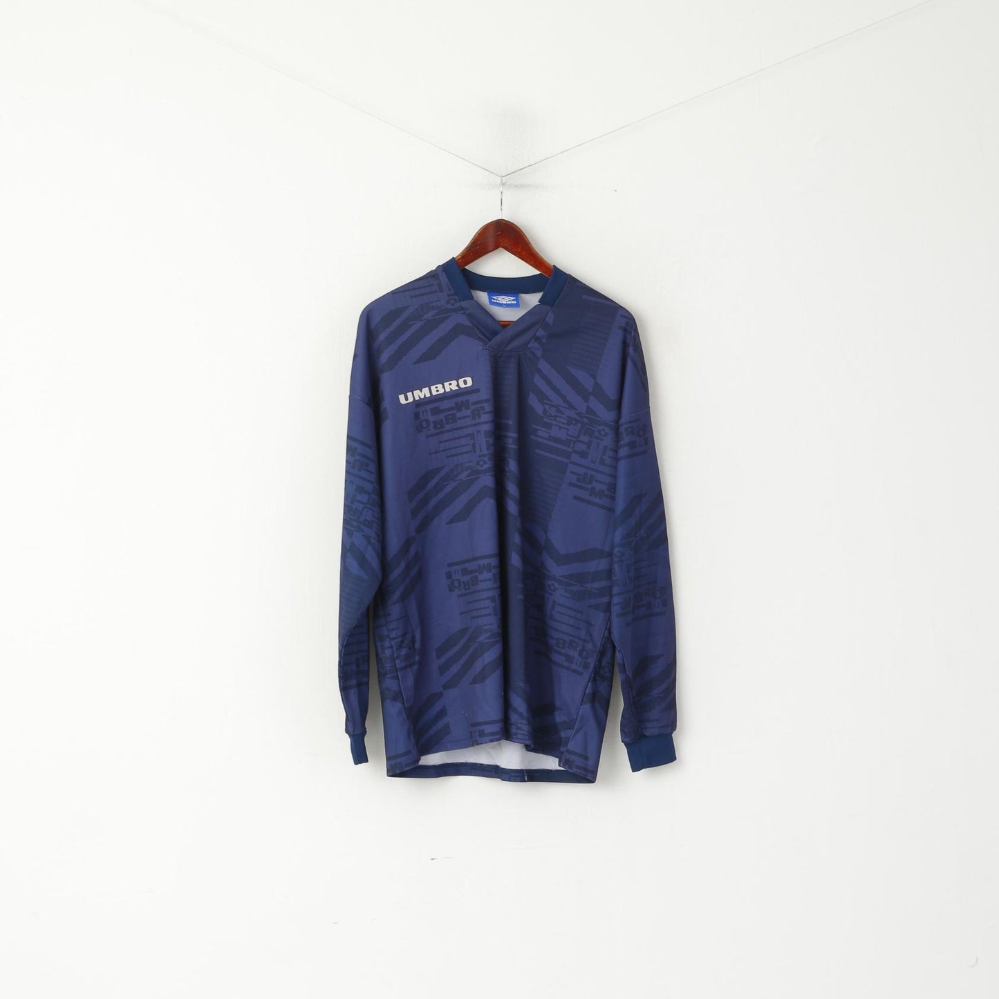 Maglia Umbro da uomo XL a maniche lunghe, maglia da calcio vintage blu scuro, top stampato