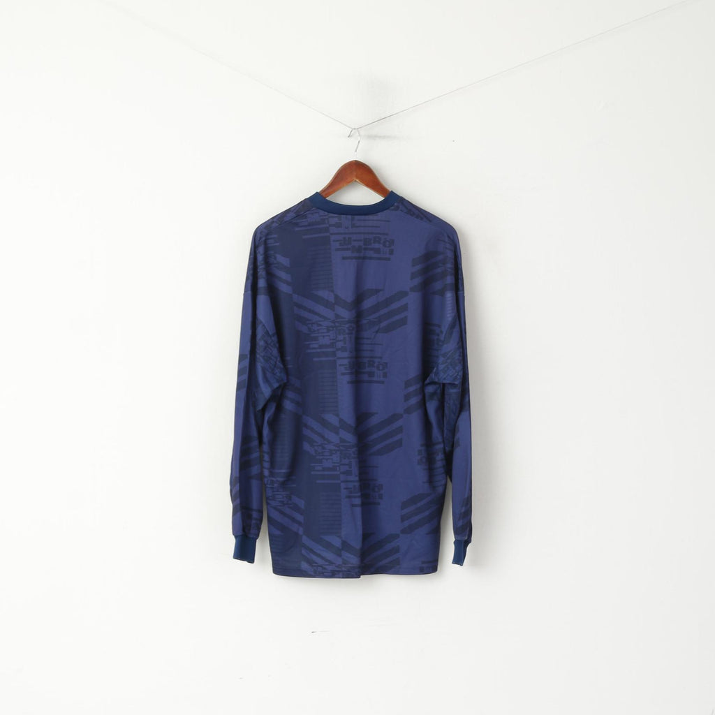 Umbro Men XL Long Sleeved Shirt Navy Vintage Football Jersey Printed Top