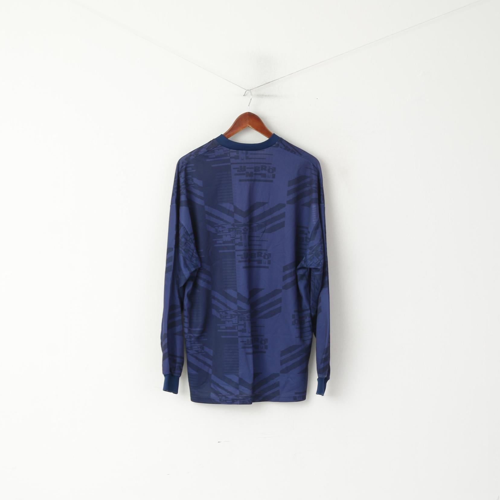 Umbro Men XL Long Sleeved Shirt Navy Vintage Football Jersey Printed Top