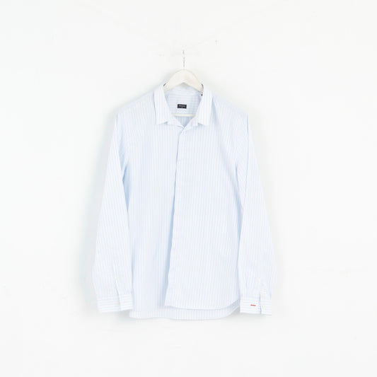 Paul Smith Camicia casual da uomo XL Top a maniche lunghe aderente in cotone a righe blu