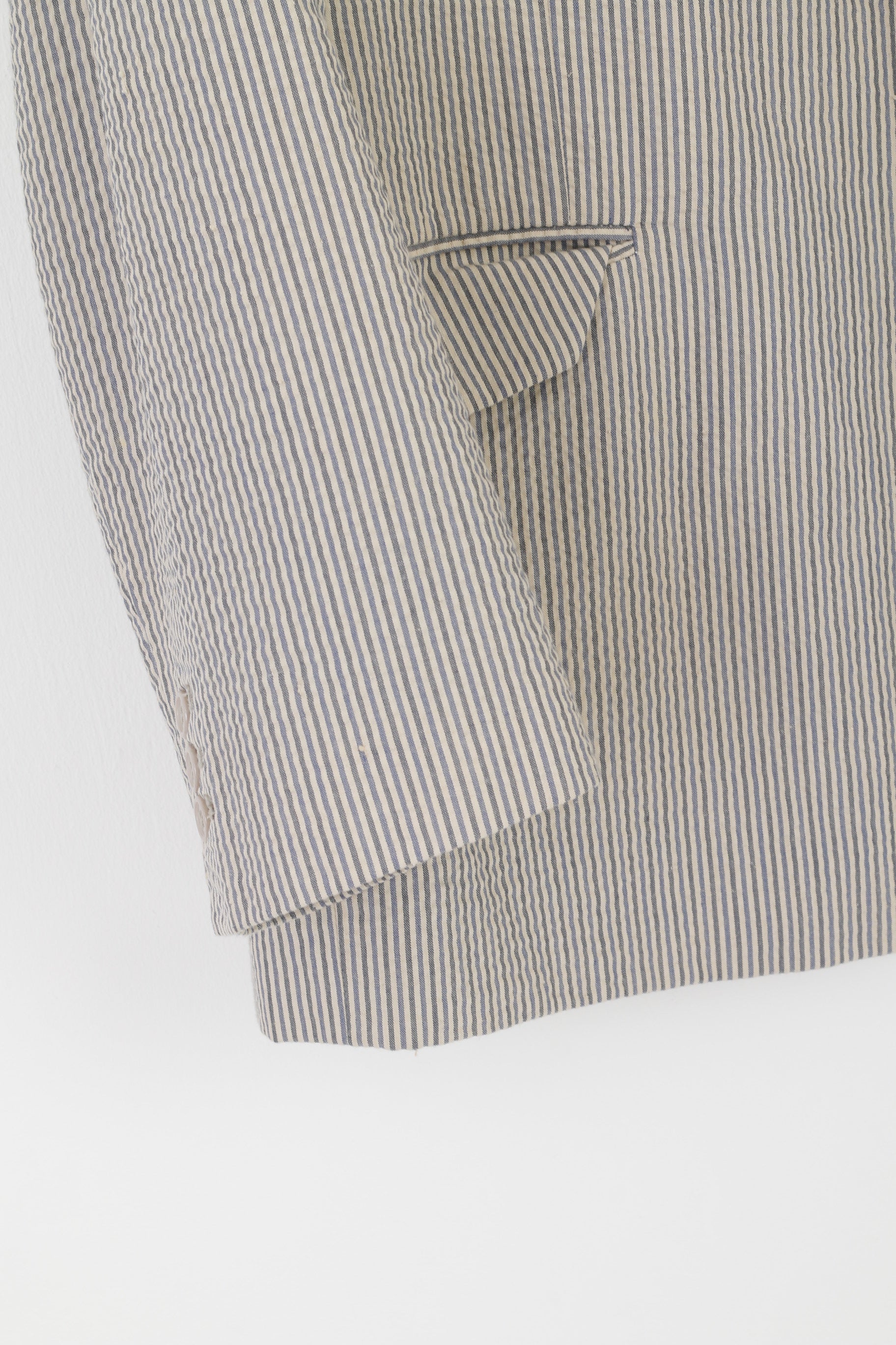 Peter Christian Men 50 XXL Blazer Blue Beige Striped Cotton Shoulder Pads Jacket