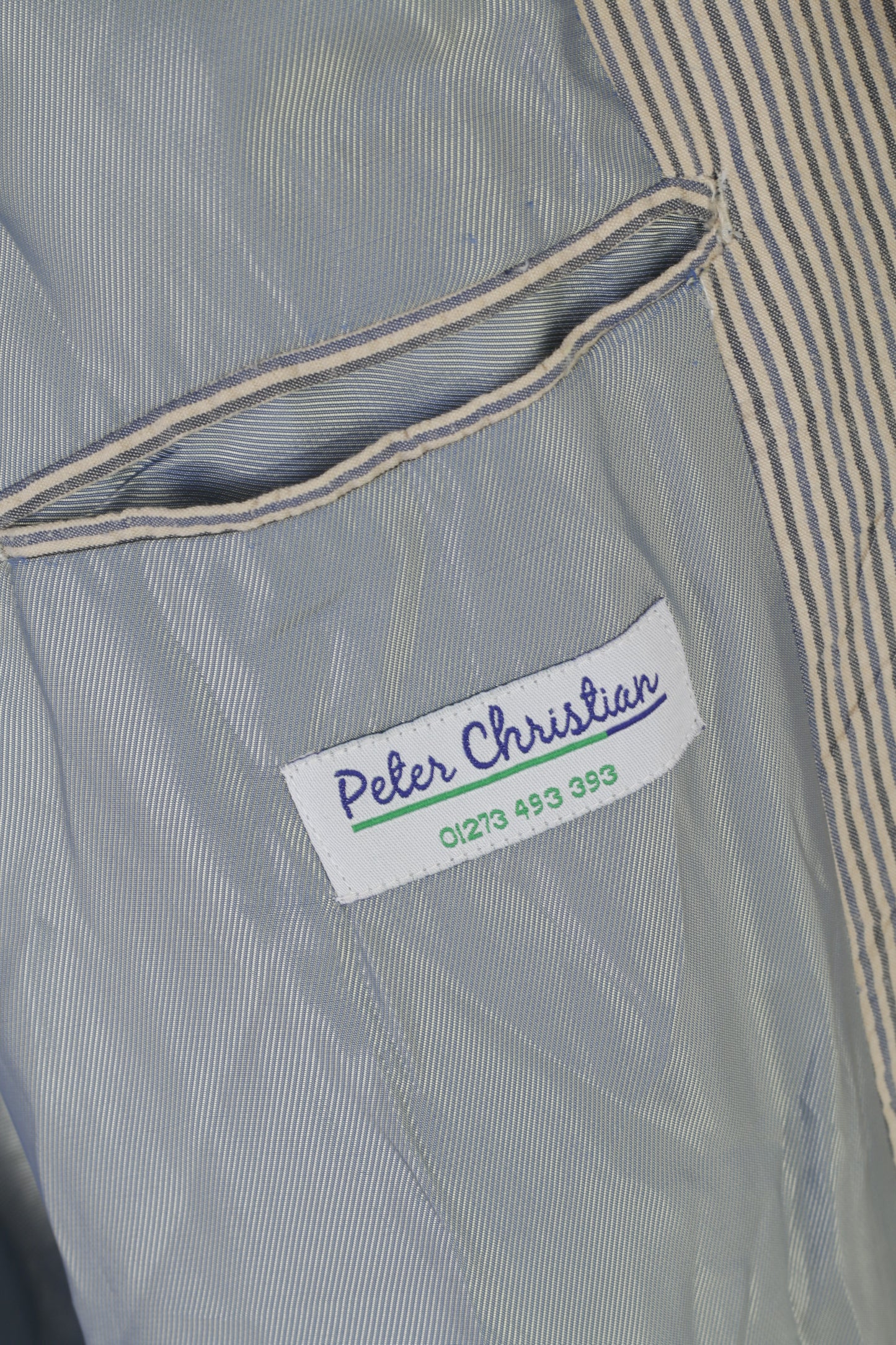 Peter Christian Men 50 XXL Blazer Blue Beige Striped Cotton Shoulder Pads Jacket