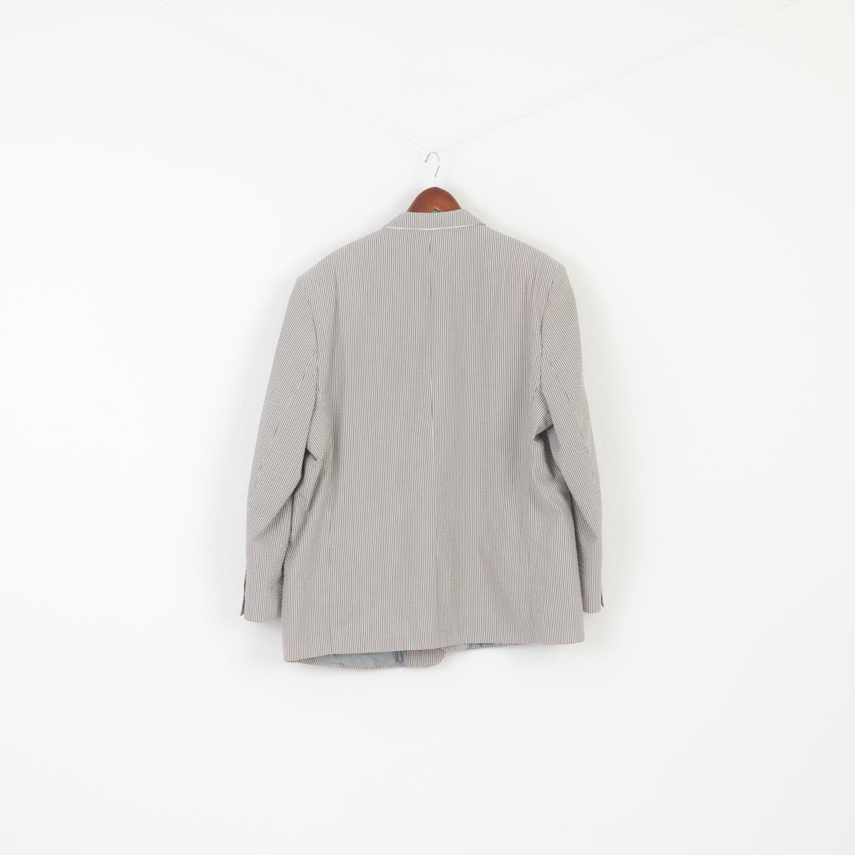 Peter Christian Men 50 XXL Blazer Blue Beige Striped Cotton Shoulder Pads Jacket