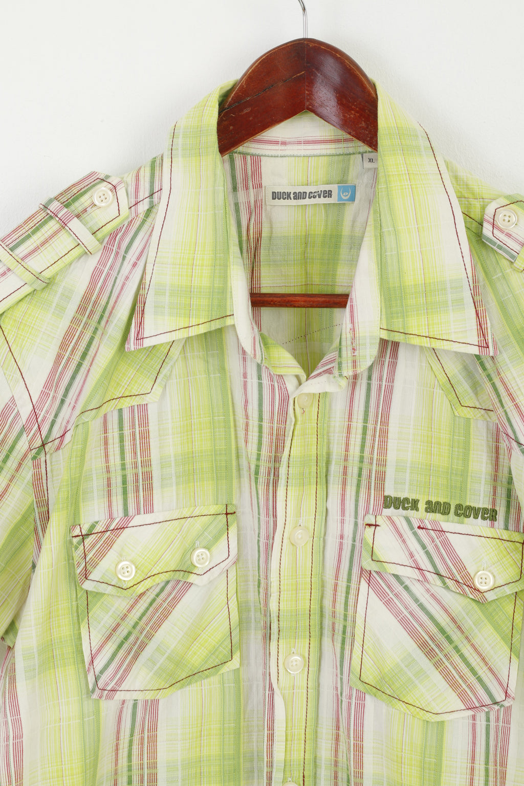 Duck and Cover Men XL (M) Casual Shirt Green Check Cotton Pockets Short Sleeve Top