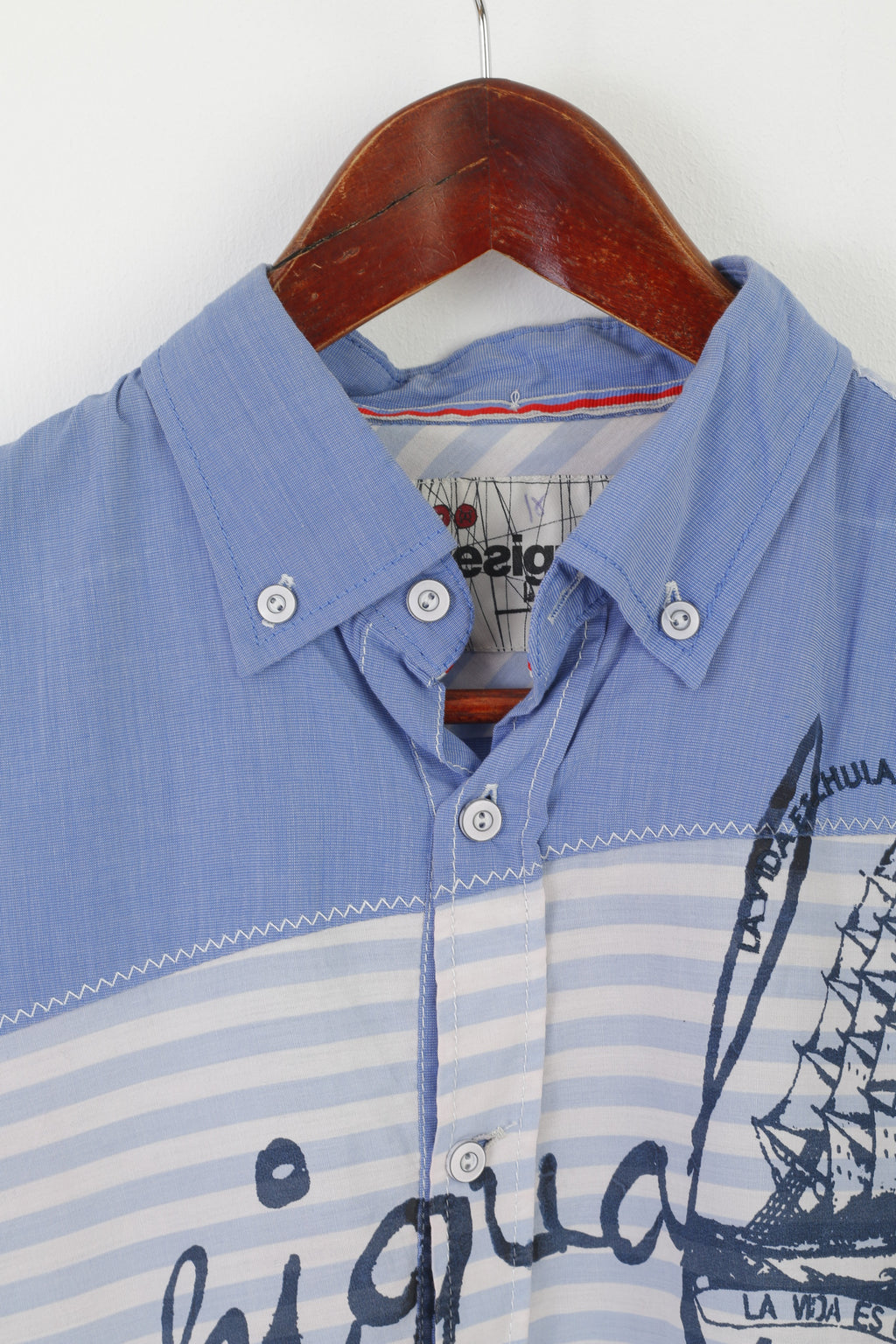 Desigual Men S Casual Shirt Blue Cotton Slim Fit Oceanic Skyline La Vida Es Chula Top
