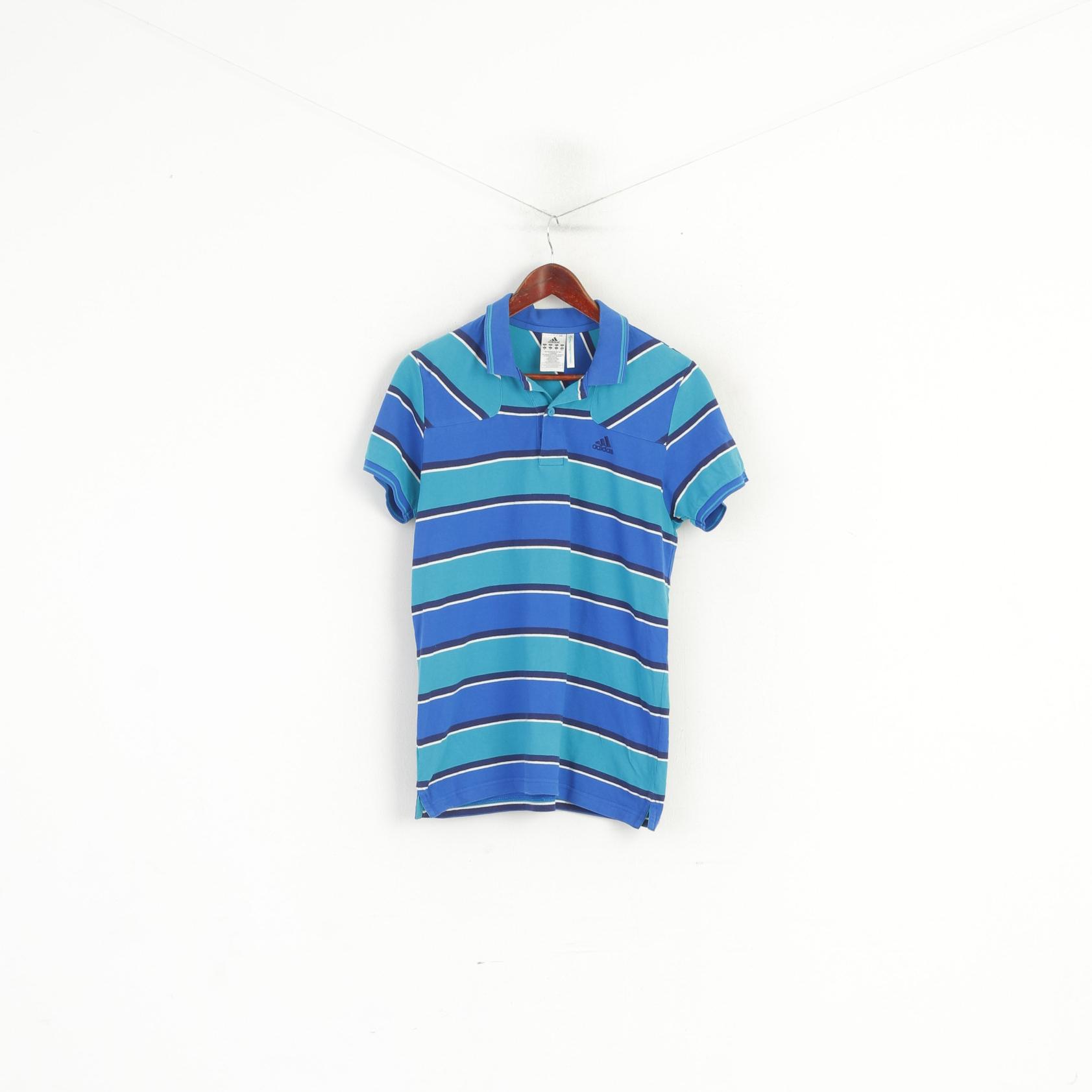 Adidas Men M Polo Shirt Blue Striped Organic Cotton Vintage Detailed Buttons Top