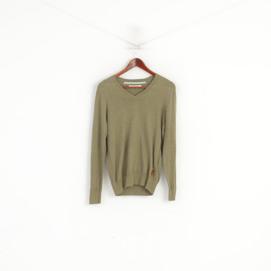 Ben Sherman Men XS Jumper Green Cotton Soft V Neck Classic Plain Patches Sweater
