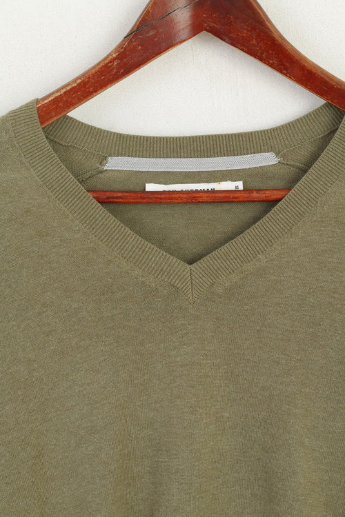 Ben Sherman Hommes XS Pull Vert Coton Doux Col en V Classique Plaine Patchs Pull